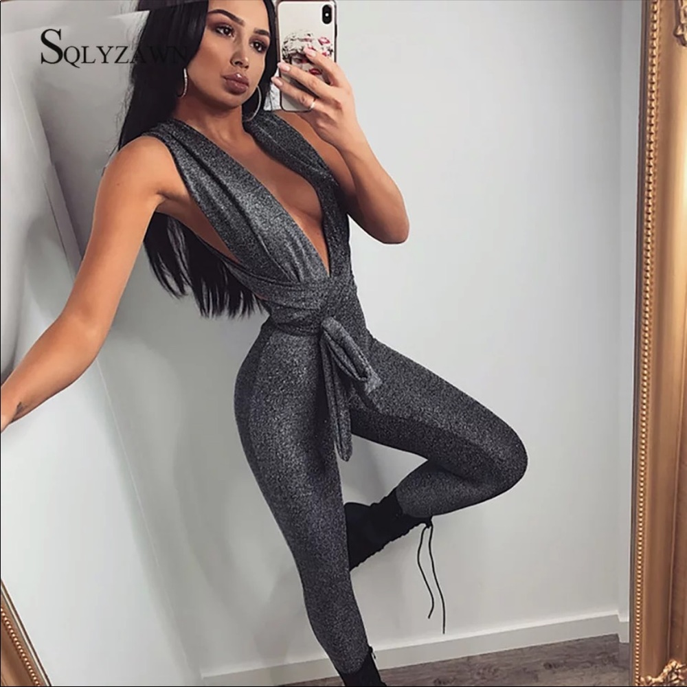 New Small Silver Gray Glitter Plunging Jumpsuit